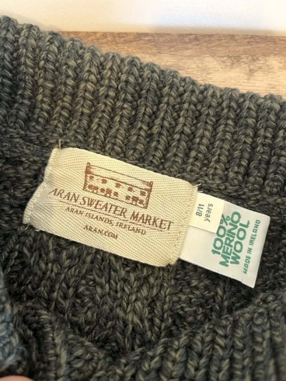 Aran Sweater Market Kids dark green Merino Irish Cable Sweater 8/11